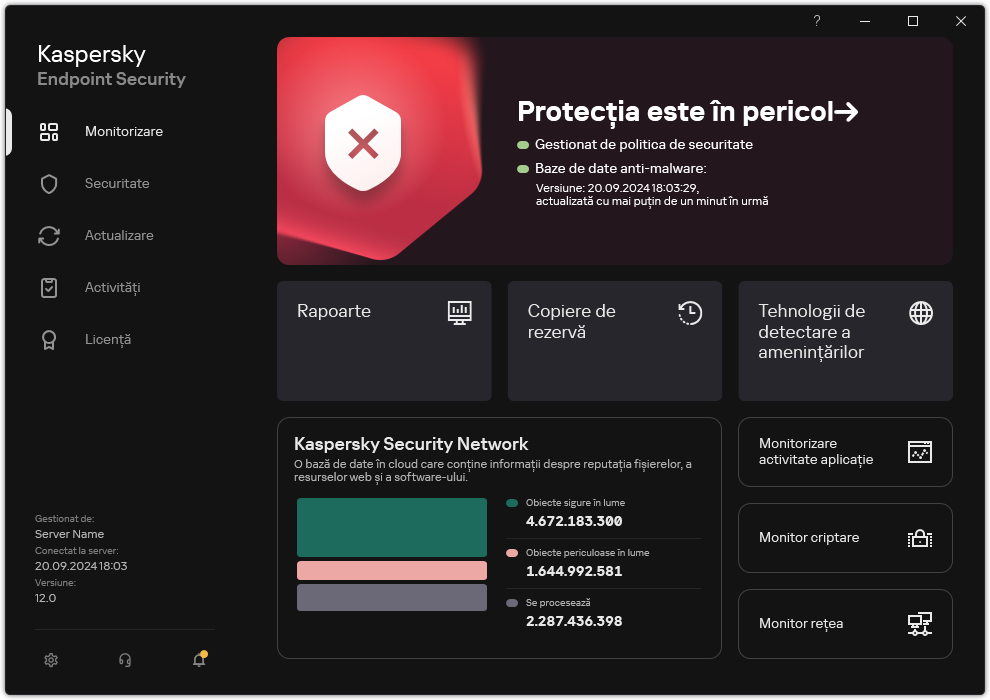 Fereastra principală a aplicației când există amenințări neprocesate. Este afișat mesajul &bdquo;Securitatea este periclitată&rdquo;.