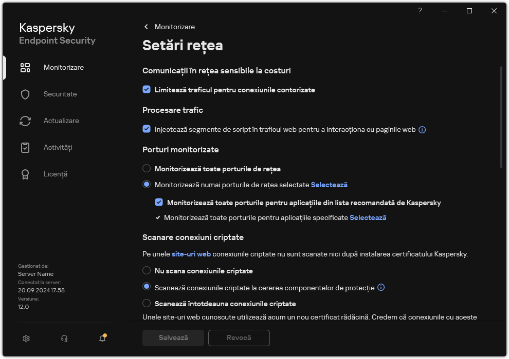 Fereastra Setări de rețea pentru aplicație.