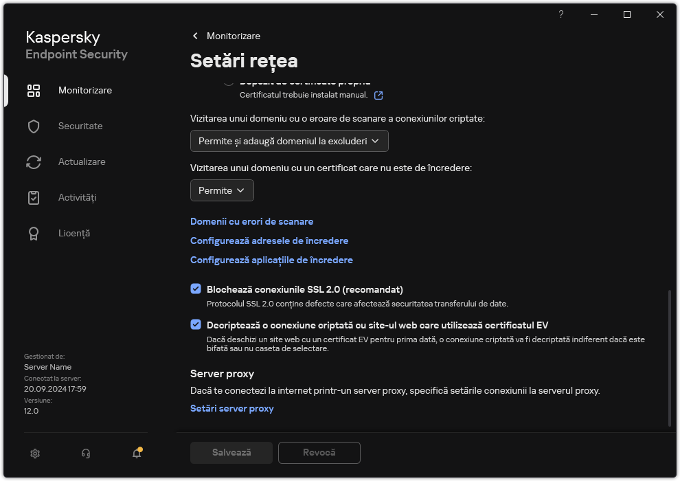 Fereastra Setări de rețea pentru aplicație.