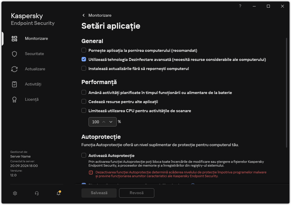 Fereastra cu setările aplicației. Utilizatorul poate configura performanța, autoprotecția și alte setări.