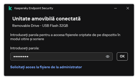 Fereastra conține un câmp de introducere a parolei. Utilizatorul poate crea o solicitare de acces la fișier.