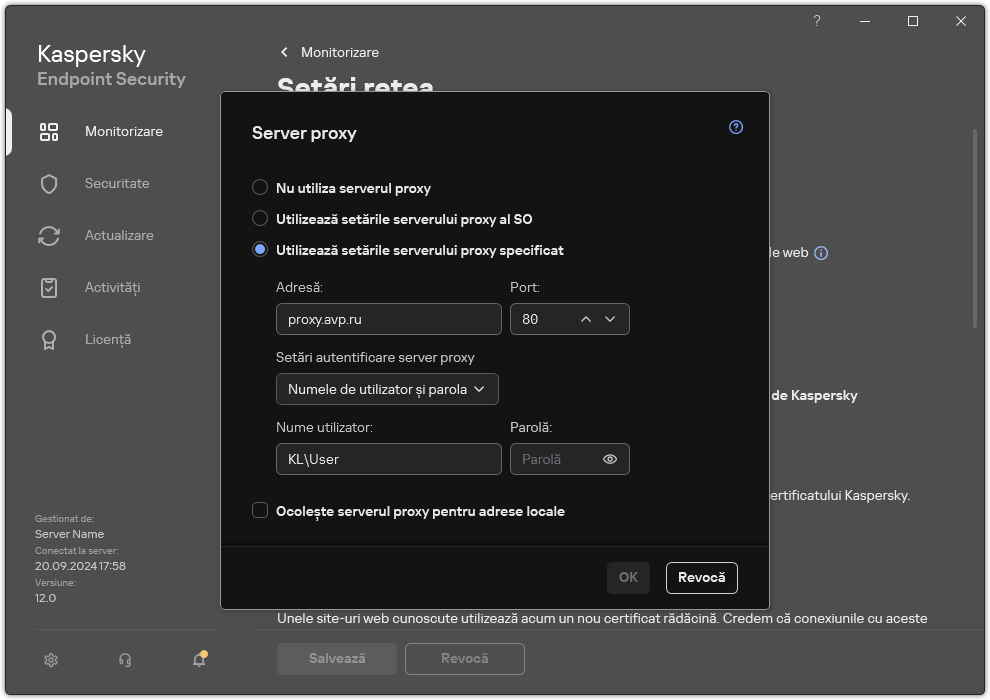 Fereastra pentru configurarea conexiunii serverului proxy. Utilizatorul poate seta adresa serverului proxy și acreditările pentru conectarea la serverul proxy.