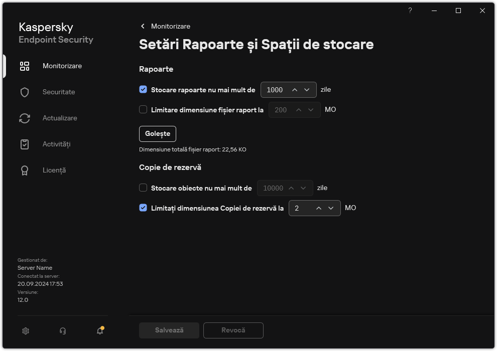 Fereastra pentru Setări Rapoarte și Spații de stocare. Utilizatorul poate seta dimensiunea și limita timpul de stocare a rapoartelor și obiectelor din depozit.