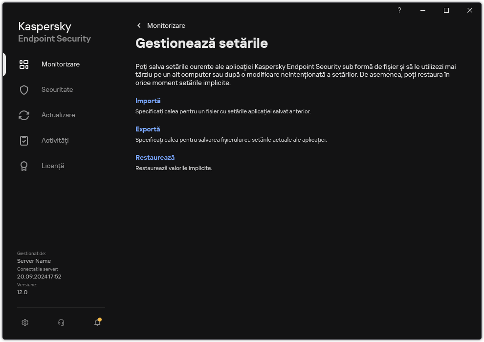 Fereastra cu setările excluderilor. Utilizatorul poate exporta, importa sau restaura setările aplicației.