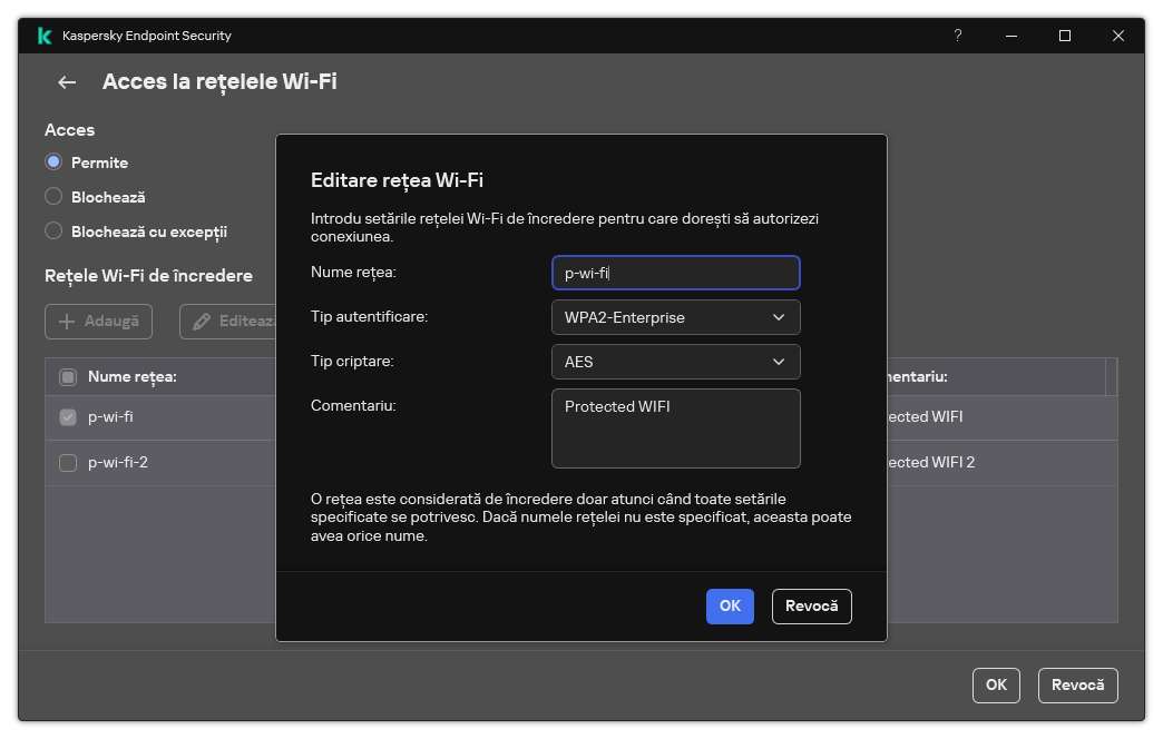 Fereastra conține setările rețelei Wi-Fi de încredere.