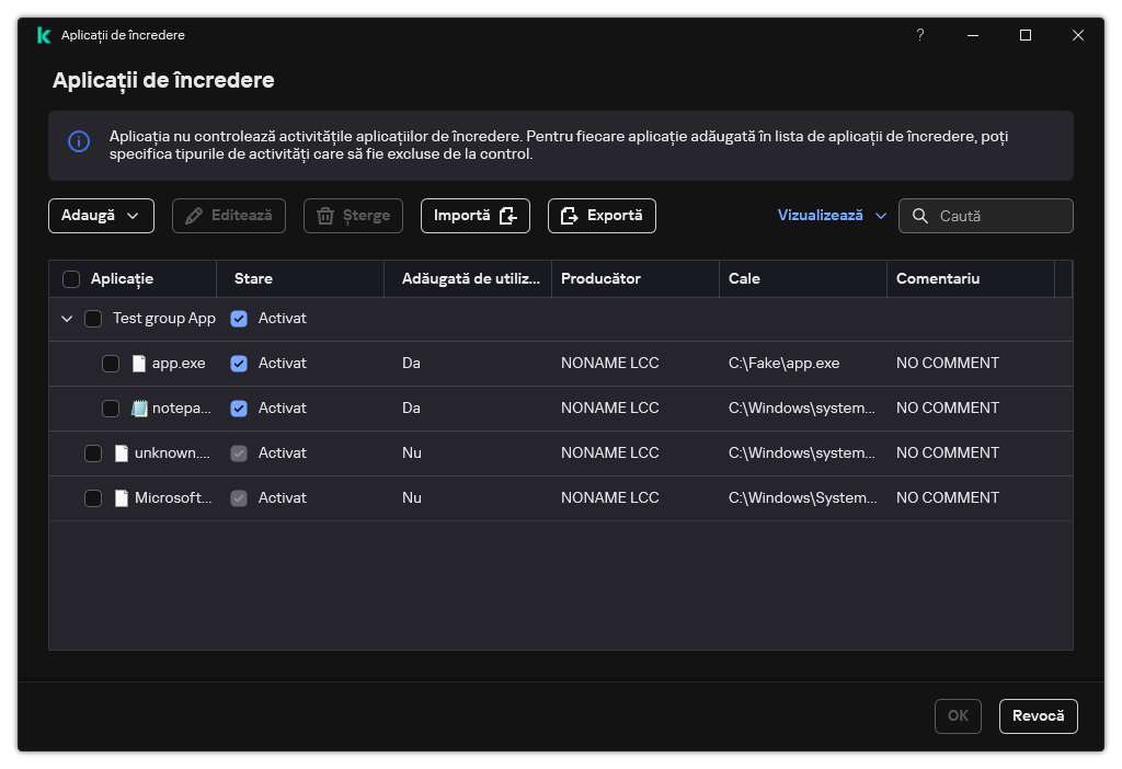 O fereastră cu lista aplicațiilor de încredere. Utilizatorul poate adăuga, edita sau elimina o aplicație de încredere.