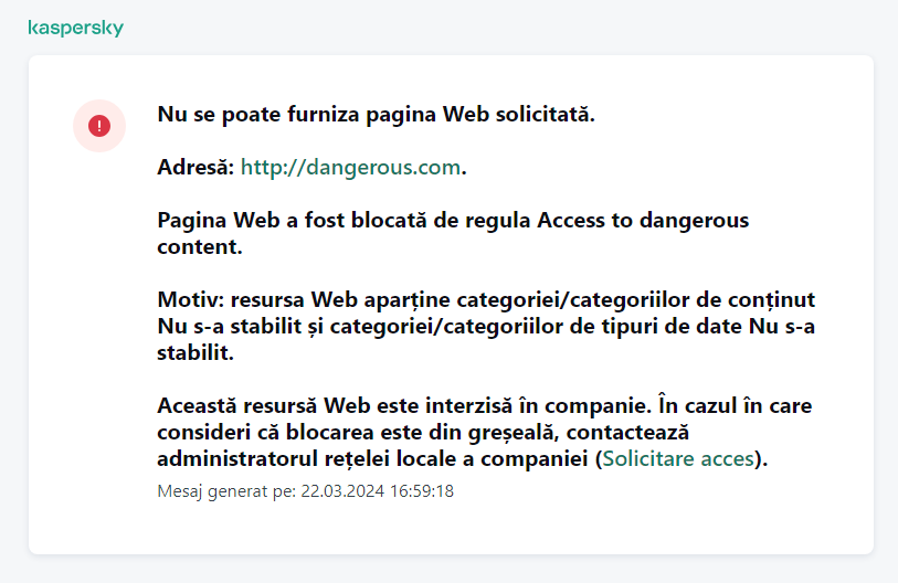Notificare Kaspersky despre blocarea accesului la pagina web în fereastra browserului. Utilizatorul poate crea o solicitare de accesare a resursei web.