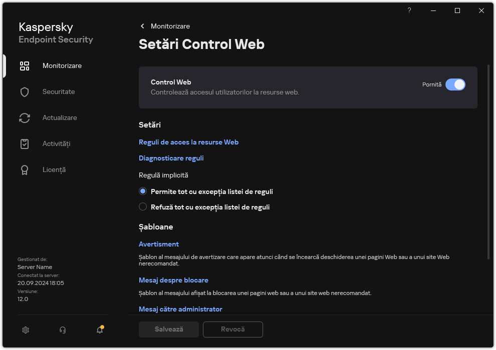 Fereastra de setări Control Web.