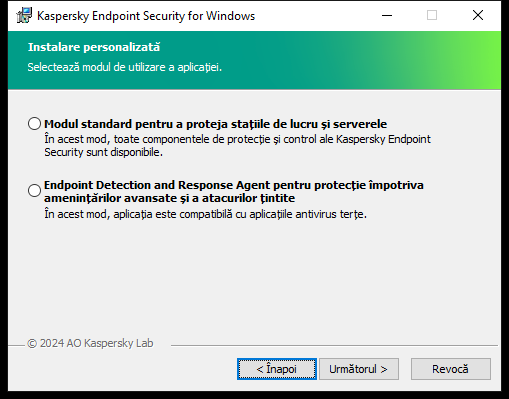 Fereastra programului de instalare cu configurarea aplicației: funcționalitate completă sau Endpoint Detection and Response Agent.