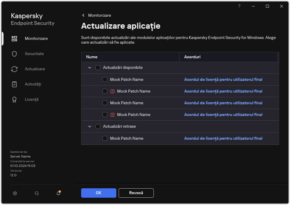 Fereastra cu o listă de corecții disponibile. Utilizatorul poate selectacorecțiile și poate accepta termenii și condițiile acordurilor.