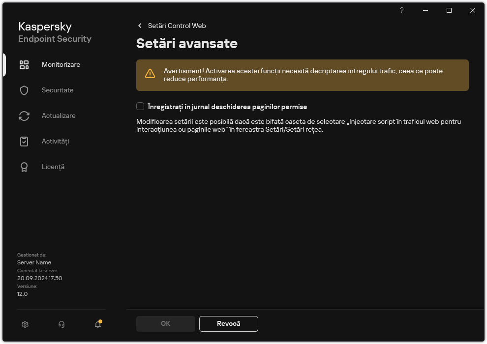 Fereastra de setări avansate Control Web.