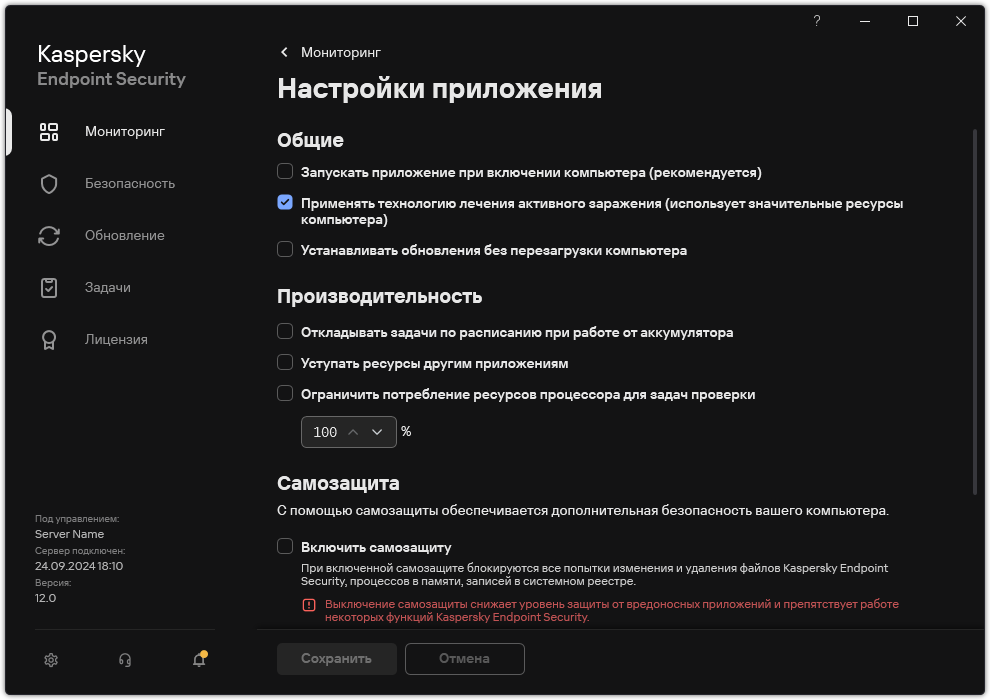 Окно с параметрами приложения. Пользователь может настроить параметры производительности, самозащиты и другие параметры.