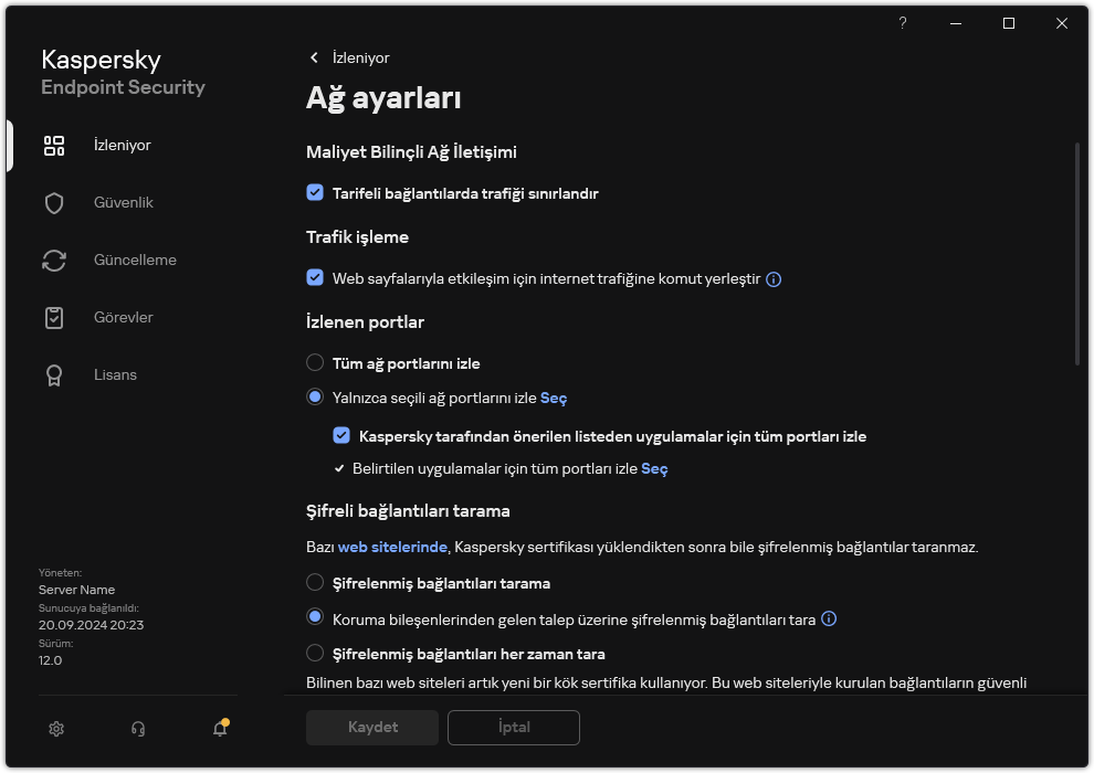 Uygulama ağ ayarları penceresi.