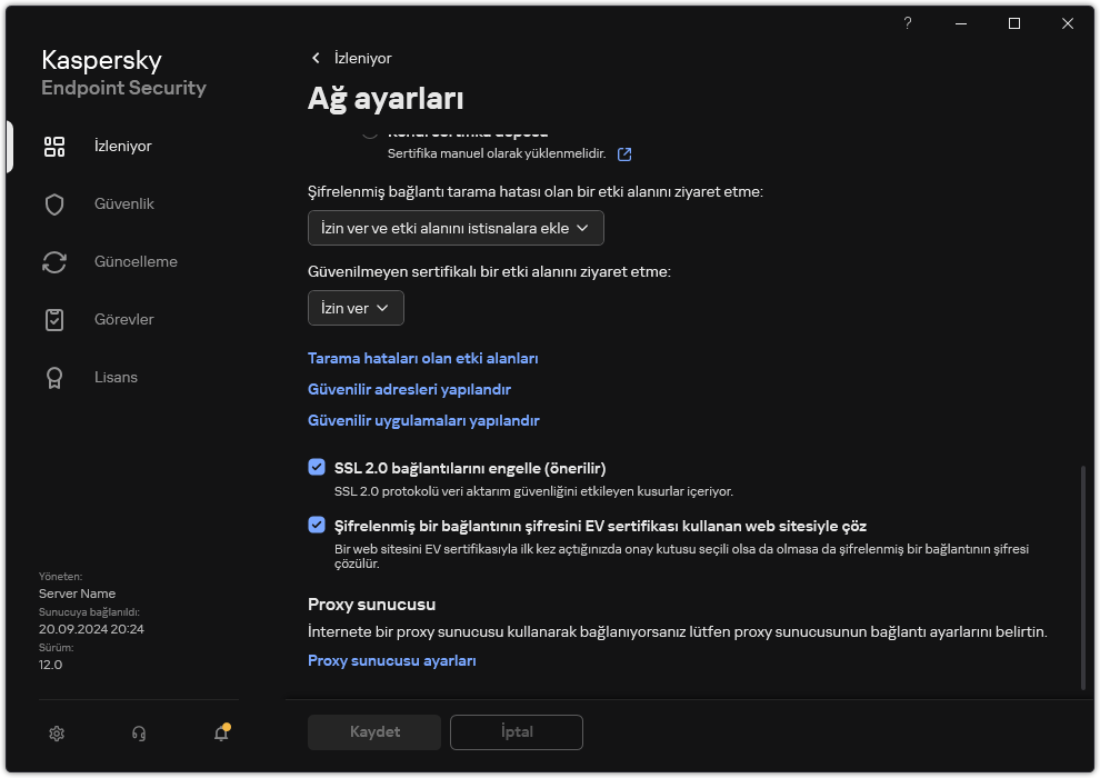 Uygulama ağ ayarları penceresi.