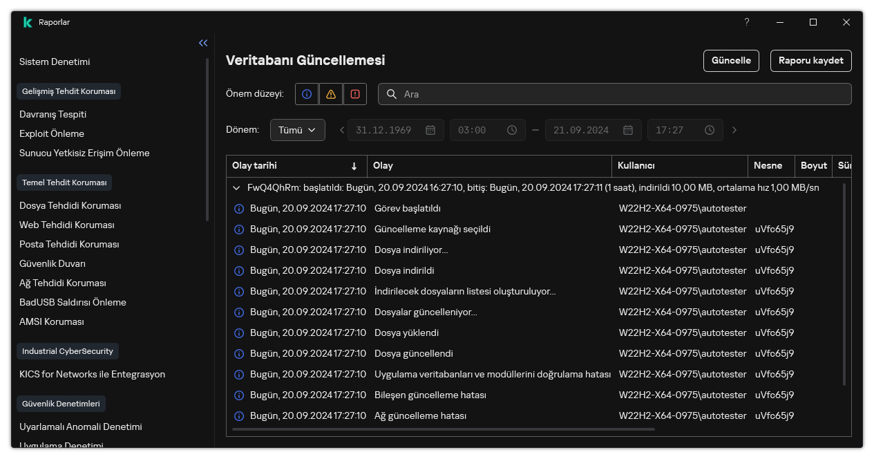 Rapordaki olayların listesini içeren bir pencere. Kullanıcı olayları filtreleyebilir/sıralayabilir ve raporları bir dosyaya kaydedebilir.