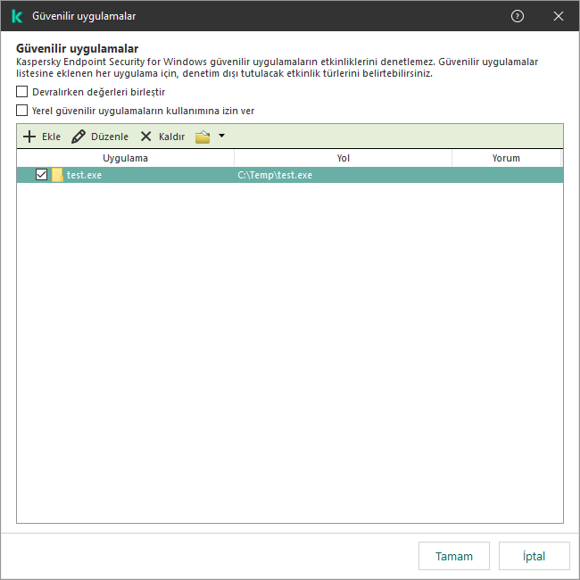 Güvenilir uygulamaların listesini içeren bir pencere. Kullanıcı, güvenilir bir uygulamayı ekleyebilir, düzenleyebilir veya kaldırabilir.