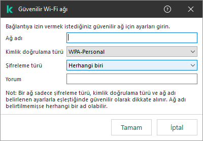 Pencere, güvenilir Wi-Fi ağının ayarlarını içerir.