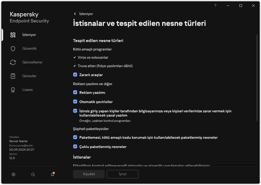 İstisna ayarları penceresi. Kullanıcı, algılanan nesne türlerini seçebilir ve nesneleri istisnalara ekleyebilir.