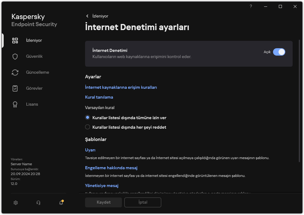 İnternet Denetimi ayarları penceresi.