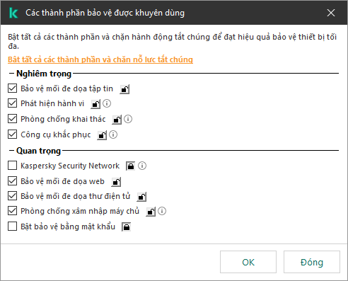 Cửa sổ để bật các thành phần bảo vệ được đề xuất. Bạn có thể bật tất cả các thành phần bảo vệ và ngăn không cho chúng bị tắt.