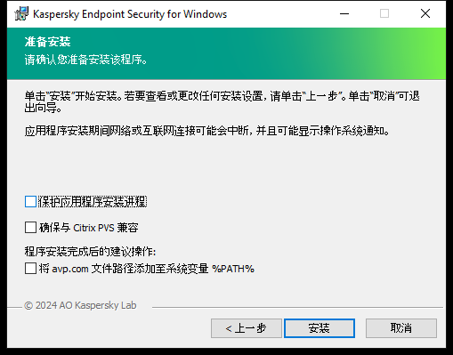 安装设置窗口：安装保护、与 Citrix PVS 的兼容性、avp.com 的系统变量。