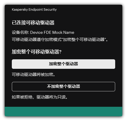 关于启用文件加密的已连接驱动器的通知。用户可以加密文件或拒绝。