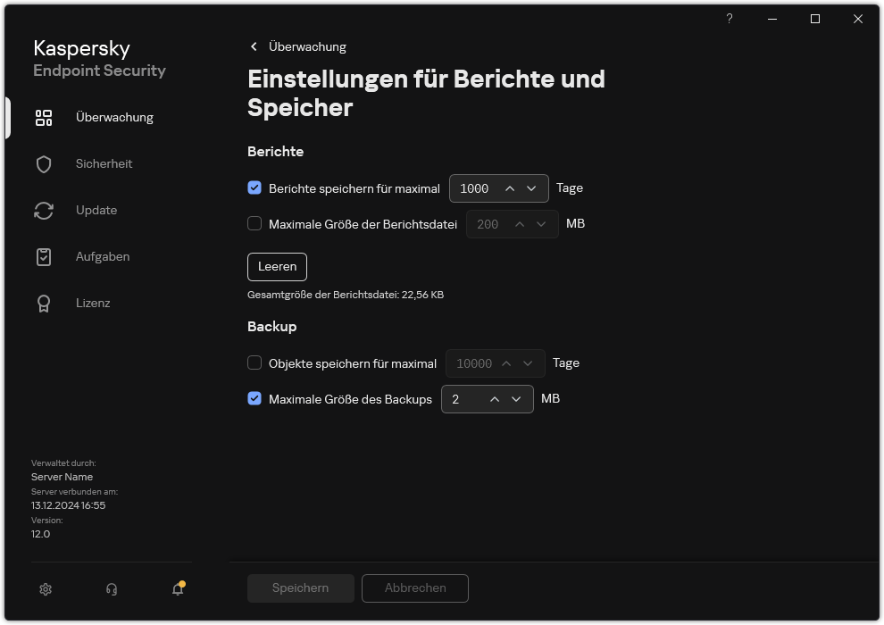 Fenster mit Einstellungen für „Berichte und Speicher“. Der Benutzer kann die Größe von Berichten und Objekten festlegen und die Speicherdauer in der Datenverwaltung begrenzen.