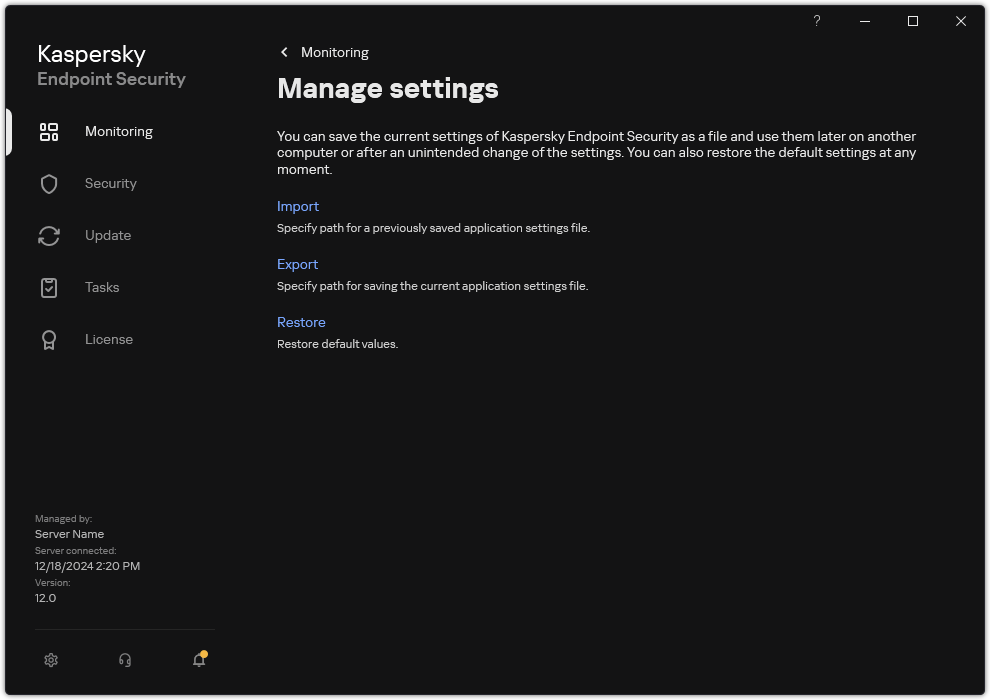 Exclusion settings window. The user can export, import or restore application settings.