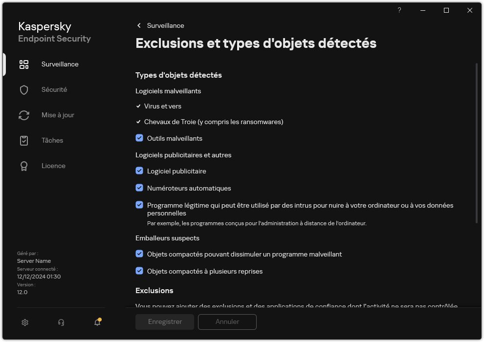 Fenêtre des paramètres d'exclusion. L'utilisateur peut sélectionner les types d'objets détectés et ajouter des objets aux exclusions.