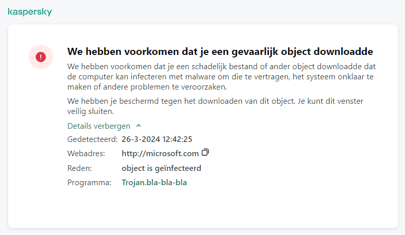 Kaspersky-melding over het voorkomen dat kwaadaardig object wordt geladen in het browservenster.