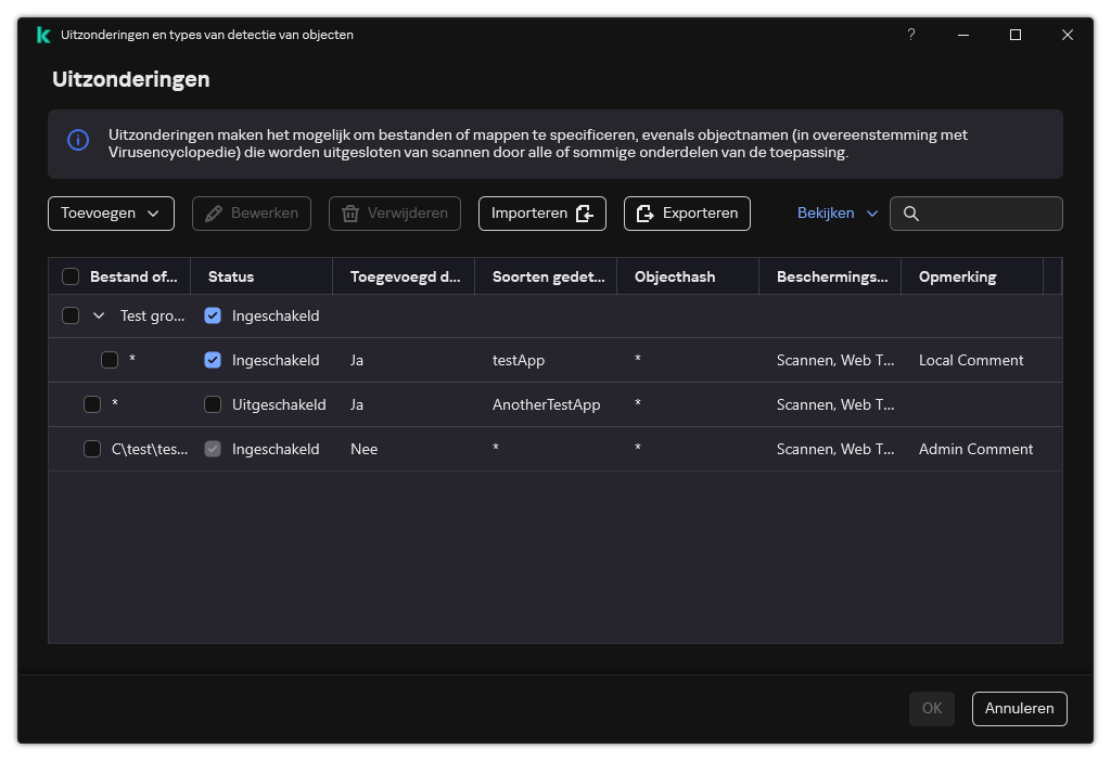 Een venster met de lijst met uitzonderingen. Uitzonderingseigenschappen worden weergegeven. De gebruiker kan uitzonderingen toevoegen, bewerken of verwijderen.