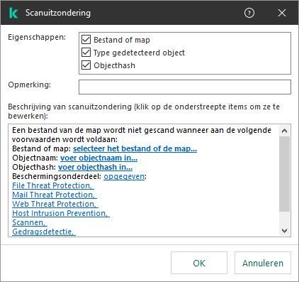 Een venster met hulpmiddelen voor selectie van uitzonderingen. De gebruiker kan een bestand of map selecteren, een objectnaam of hash invoeren.
