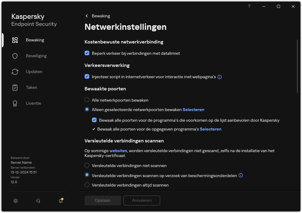 Venster met netwerkinstellingen van het programma.