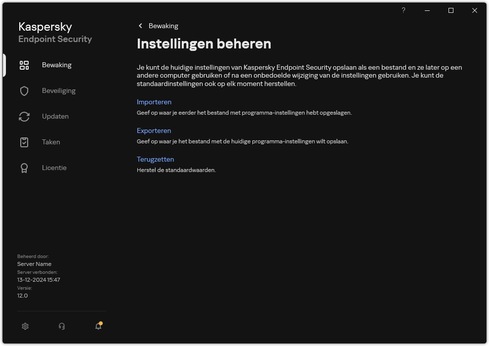 Venster instellingen voor uitzonderingen. De gebruiker kan programma-instellingen exporteren, importeren of herstellen.