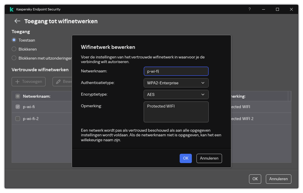 Het venster bevat de instellingen van het vertrouwde wifi-netwerk.