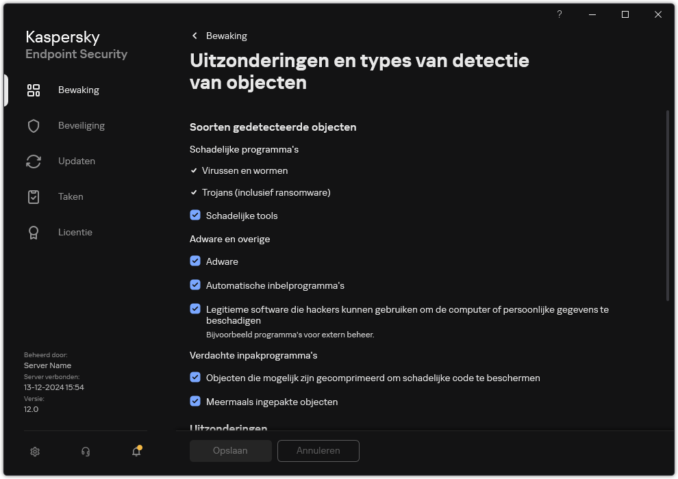 Venster instellingen voor uitzonderingen. De gebruiker kan soorten detecteerbare objecten selecteren en objecten toevoegen aan uitzonderingen.