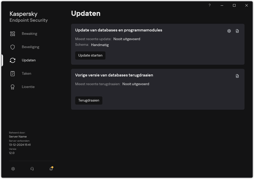 Een venster met de lijst met lokale updatetaken. De gebruiker kan de update van databases en programmamodules starten, en ook de laatste update terugdraaien.