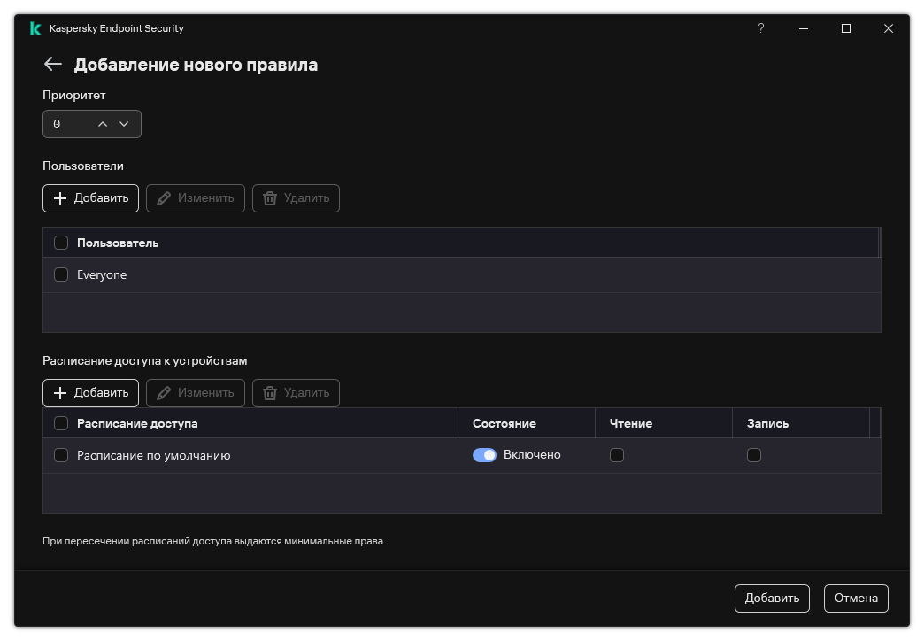 Окно настройки правила Контроля устройств. Пользователь может назначить приоритет правила, добавить пользователей в правило и задать расписание работы правила.