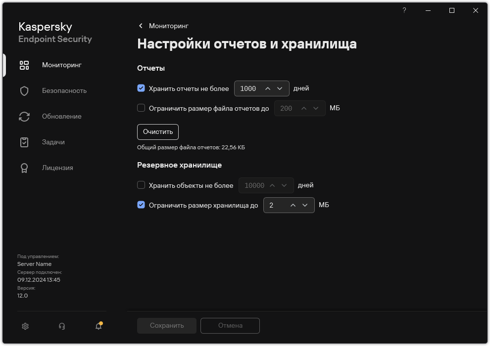 Окно настройки отчетов и хранилища. Пользователь может задать размер и срок хранения отчетов и объектов в хранилище.