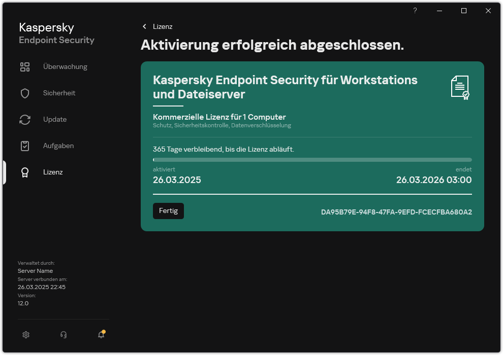 Das Fenster enthält Informationen über die Lizenz: Ablaufdatum, verfügbare Funktionen und andere Informationen.