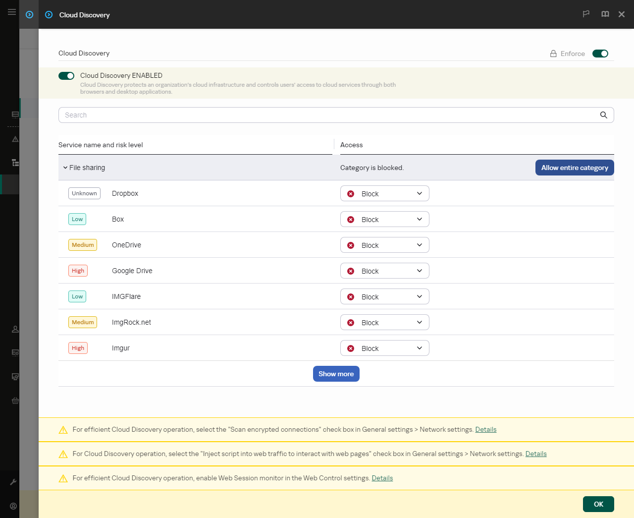 Cloud Discovery settings window. The user can configure user access to cloud services.