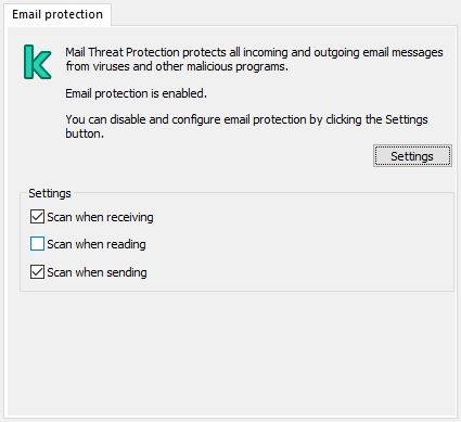 Kaspersky extension for Outlook window. The user can configure messages to be scanned when received, read or sent.