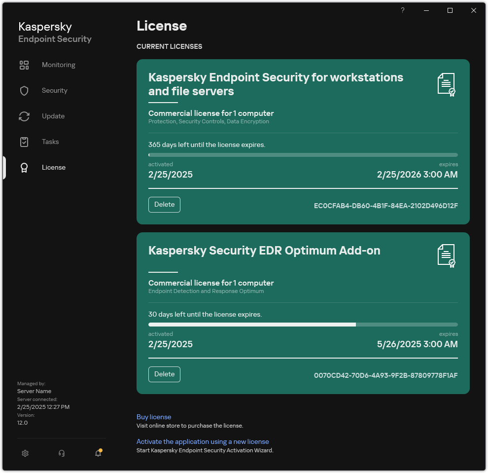 Window with current licenses.