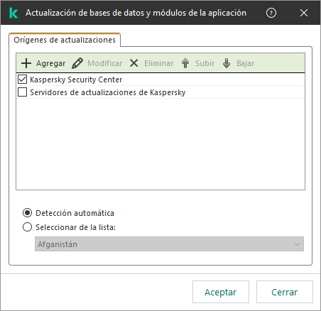 Una ventana con la lista de orígenes de actualizaciones. El usuario puede agregar orígenes de actualizaciones y asignar una prioridad a la fuente.
