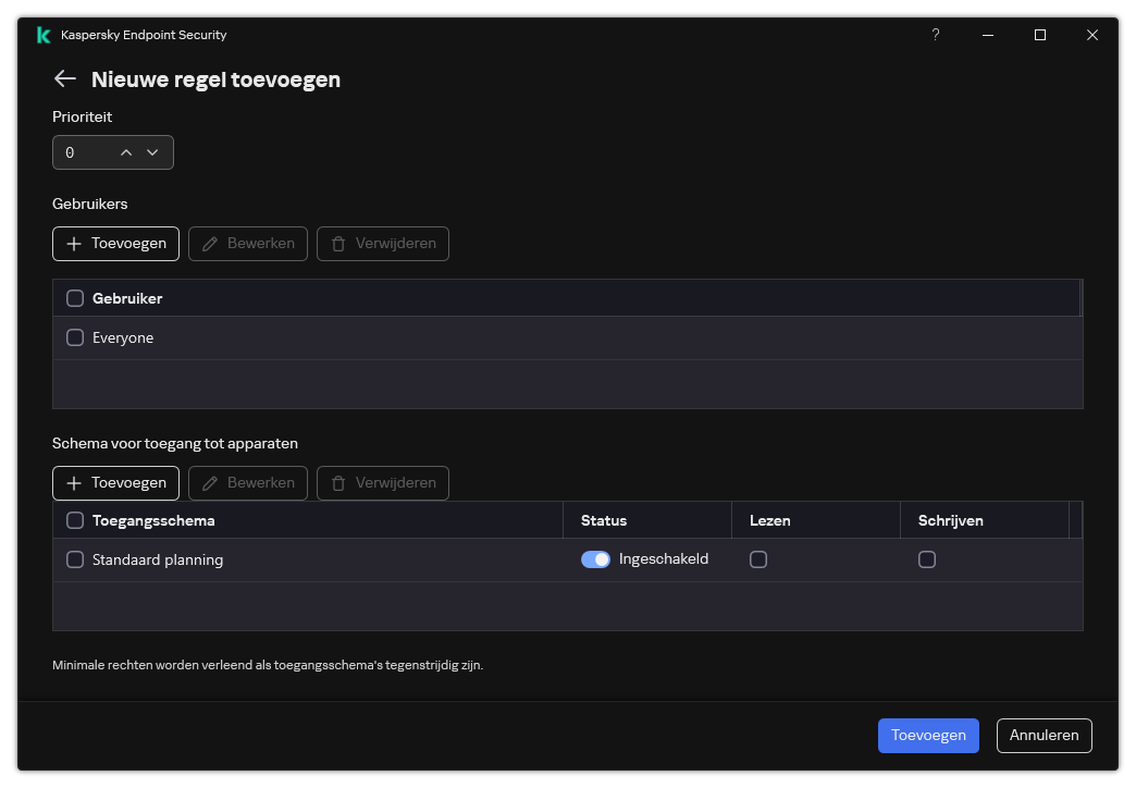 Venster configuratie regel apparaatcontrole De gebruiker kan de regelprioriteit toewijzen, gebruikers aan de regel toevoegen en de regelplanning instellen.