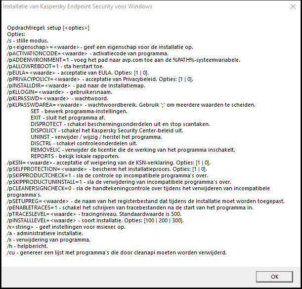 Knopinfo-venster met een beschrijving van de opdrachtopties om het programma via CMD te installeren.