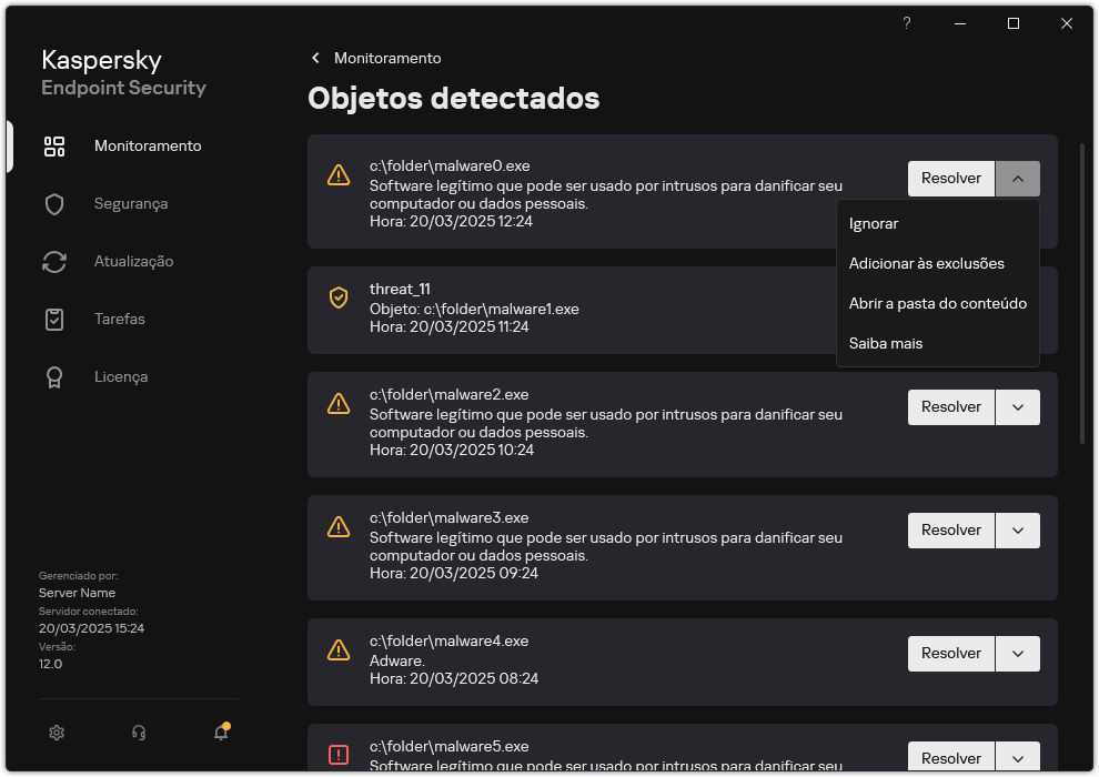 Uma janela com a lista de objetos detectados. As informações sobre o objeto são exibidas. O usuário pode resolver ou remover o objeto.