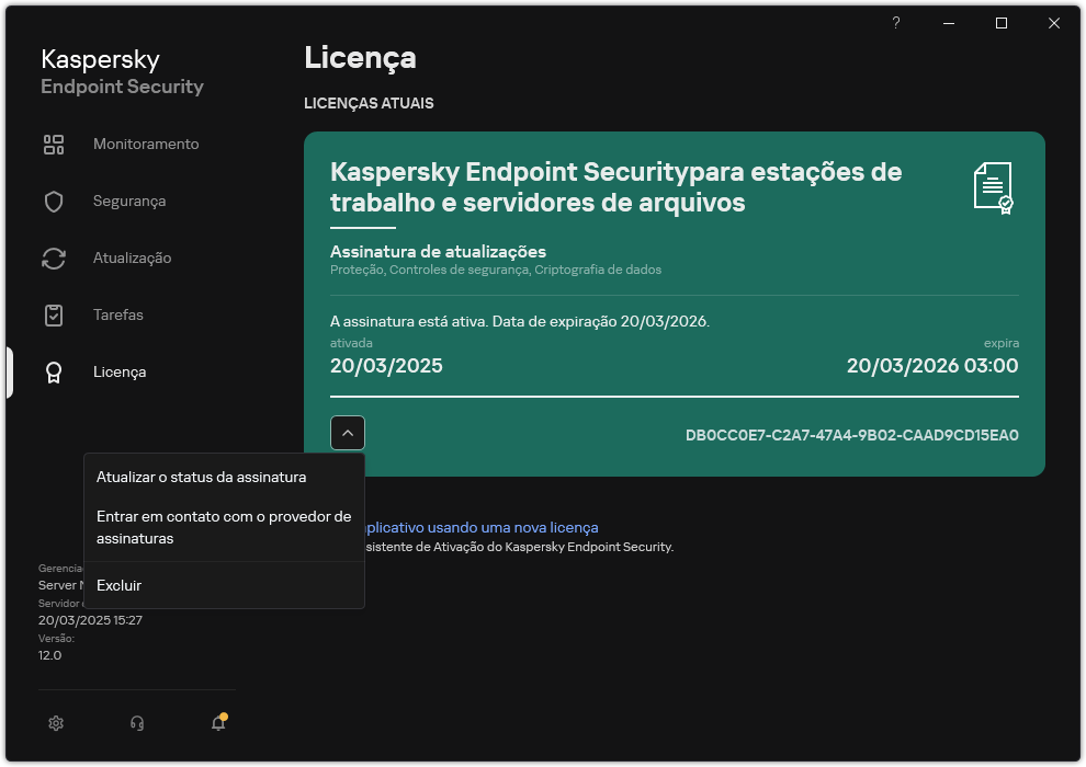 A janela com as informações sobre a licença. O usuário pode atualizar o status da assinatura, entrar em contato com o provedor de assinatura ou remover a licença.
