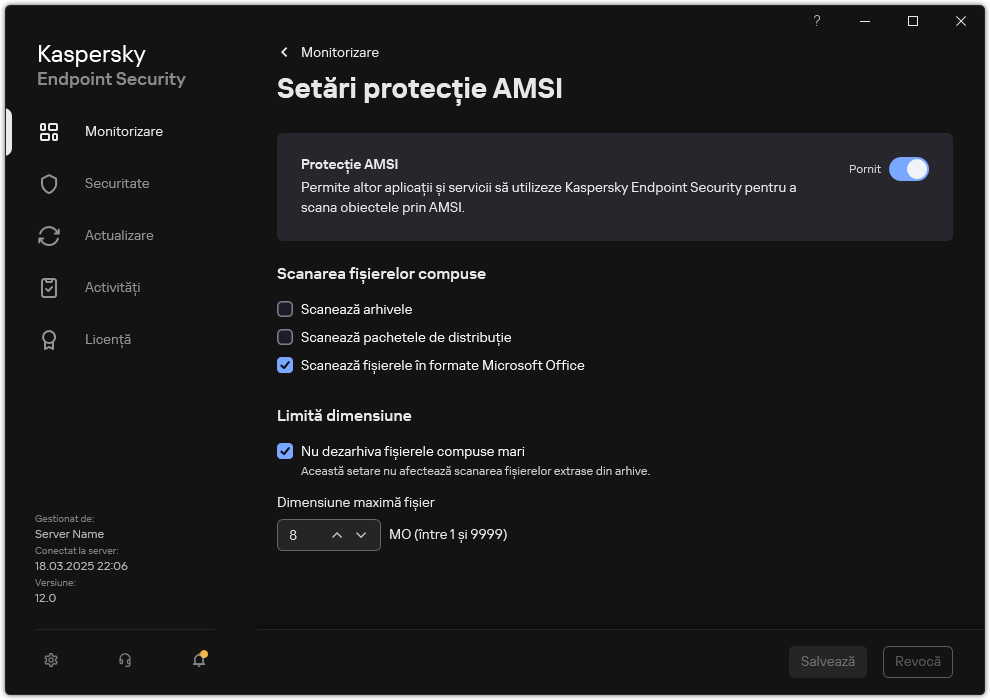Fereastra de setări Protecție AMSI.