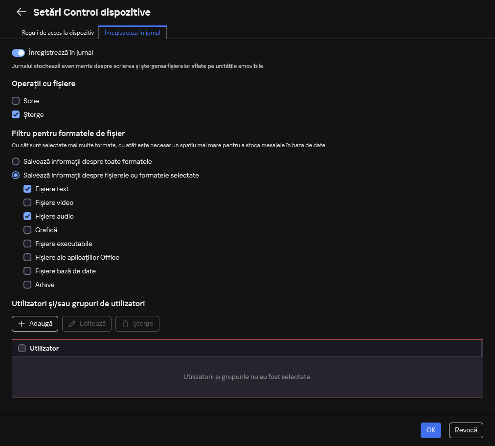 Fereastra pentru configurarea înregistrării în jurnal a evenimentelor despre utilizarea unităților amovibile. Utilizatorul poate selecta evenimentele care urmează să fie înregistrate în jurnal.